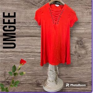 UMGEE Orange Mini Lace Up Neckline Dress in Size petite SMALL. EUC Short sleeves
